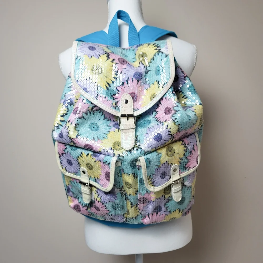 Justice Colorful Daisy Pattern Sequin Backpack -Brand New